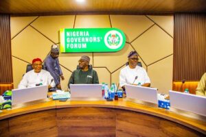 L-R, Governor of Imo State, Hope Uzodinma, Director General of Nigeria Governors Forum (NGF), Abdullateef Shittu, NGF Chairman and Governor of Kwara State, Abdulrahman AbdulRazaq and Governor of Oyo State and Vice Chairman of NGF, Seye Makinde, at the Forum’s meeting