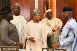 L-R: Governors  Sheriff Oborevwori of Delta, Abdullahi Sule of  Nasarawa, Uba Sani of Kaduna, Umar Namadi of Jigawa and Lucky Aiyedatiwa of Ondo at Thursday National Economic Council (NEC) meeting, presided over by Vice President Kashim Shettima
