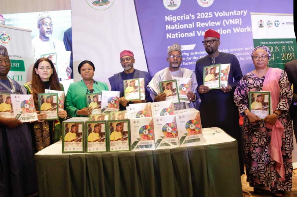 Secretary of Programme (OSSAP-SDGs), a development partner, the SSA to the President on SDGs, Adejoke Orelope-Adefulire, Chief of Staff to the President, Femi Gbajabiamila, the Minister of State for Humanitarian Affairs, Yusuf Sununu, Deputy Chairman, House Committee on SDGs, Hon. Mohamad Bello Shehu and Mariam Uwais at the Validation Workshop on SDGs VNR Report, launch of SDGs Report and SDGs Inclusive Data Charter Action Plan in Abuja on Wednesday, April 30, 2025