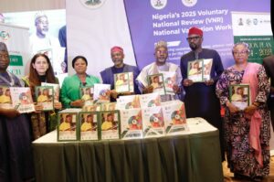 Secretary of Programme (OSSAP-SDGs), a development partner, the SSA to the President on SDGs, Adejoke Orelope-Adefulire, Chief of Staff to the President, Femi Gbajabiamila, the Minister of State for Humanitarian Affairs, Yusuf Sununu, Deputy Chairman, House Committee on SDGs, Hon. Mohamad Bello Shehu and Mariam Uwais at the Validation Workshop on SDGs VNR Report, launch of SDGs Report and SDGs Inclusive Data Charter Action Plan in Abuja on Wednesday, April 30, 2025
