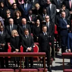 (1st ROW) France’s President Emmanuel Macron (CL), French President’s wife Brigitte Macron (3L), US President Donald Trump (R2) and US First Lady Melania Trump (R) attend late Pope Francis’ funeral ceremony at St Peter’s Square in The Vatican on April 26, 2025. (Photo by Isabella BONOTTO / AFP)