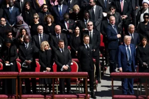 (1st ROW) France’s President Emmanuel Macron (CL), French President’s wife Brigitte Macron (3L), US President Donald Trump (R2) and US First Lady Melania Trump (R) attend late Pope Francis’ funeral ceremony at St Peter’s Square in The Vatican on April 26, 2025. (Photo by Isabella BONOTTO / AFP)