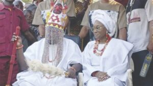 Alaafin Oyo, Oba Abimbola Akeem Owoade I with his Olori, after the traditional coronation at Koso