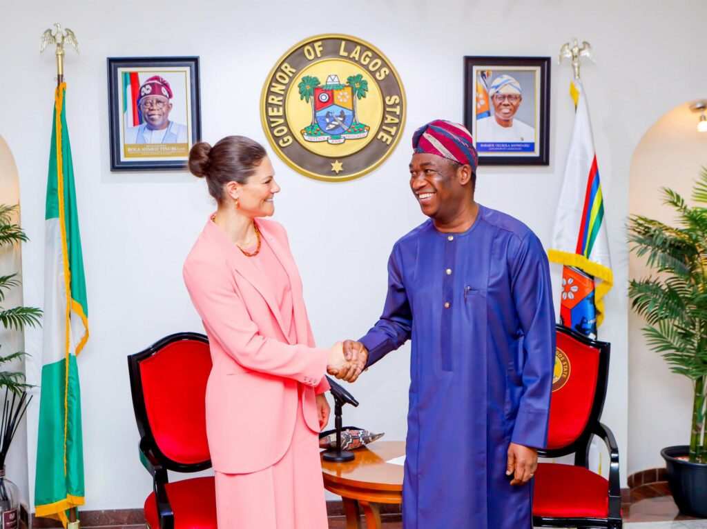 Lagos State Deputy Governor Dr. Kadri Obafemi Hamzat received the Crown Princess of Sweden and Duchess of Vastergotland Her Royal Highness, Victoria Ingrid Alice Desiree, on behalf of Governor Mr. Babajide Olusola Sanwo-Olu during a courtesy visit to Lagos House, Marina