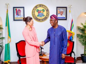 Lagos State Deputy Governor Dr. Kadri Obafemi Hamzat received the Crown Princess of Sweden and Duchess of Vastergotland Her Royal Highness, Victoria Ingrid Alice Desiree, on behalf of Governor Mr. Babajide Olusola Sanwo-Olu during a courtesy visit to Lagos House, Marina