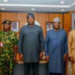 L-R: Commander 22 Armoured Brigade Sobi, Brigadier General Ezra Barkins;  COAS, Lieutenant General Olufemi Olatubosun Oluyede; Kwara Governor Abdulrahman Abdulrazaq; and GOC 2 Division of the NA, Ibadan, General Obinna Onubogu; during a courtesy visit to the Government House Ilorin