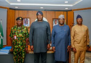 L-R: Commander 22 Armoured Brigade Sobi, Brigadier General Ezra Barkins;  COAS, Lieutenant General Olufemi Olatubosun Oluyede; Kwara Governor Abdulrahman Abdulrazaq; and GOC 2 Division of the NA, Ibadan, General Obinna Onubogu; during a courtesy visit to the Government House Ilorin