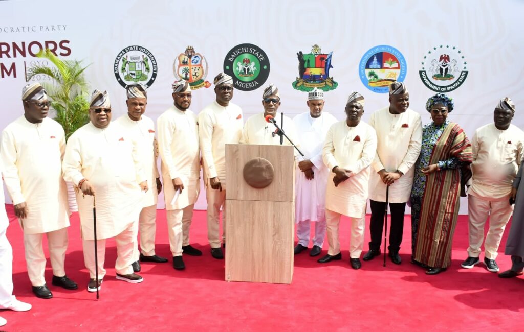 L-R: Deputy governor, Delta State, Monday Onyeme; Governors Ademola Adeleke (Osun); Peter Mbah (Enugu); Dauda Lawal (Zamfara); Seyi Makinde (Oyo); Bala Muhammed (Bauchi); PDP National Acting Chairman, Umar Damagum; Gov Umaru Fintiri (Adamawa); Douye Diri (Bayelsa); Akwa-Ibom deputy governor, Akon Eyakenyi and Gov Agbu Kefas of Taraba State, during the PDP Governors Forum meeting, in Ibadan, Oyo State, yesterday.