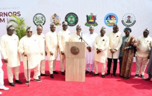 L-R: Deputy governor, Delta State, Monday Onyeme; Governors Ademola Adeleke (Osun); Peter Mbah (Enugu); Dauda Lawal (Zamfara); Seyi Makinde (Oyo); Bala Muhammed (Bauchi); PDP National Acting Chairman, Umar Damagum; Gov Umaru Fintiri (Adamawa); Douye Diri (Bayelsa); Akwa-Ibom deputy governor, Akon Eyakenyi and Gov Agbu Kefas of Taraba State, during the PDP Governors Forum meeting, in Ibadan, Oyo State, yesterday.