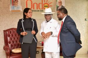 PenCom DG Ms. Omolara Oloworaran(left ); Ondo Governor, Dr. Lucky Aiyedatiwa(middle) and the DG, Ondo State Pension Commission, Mr. Babatunde Adefusi-Owate, during visit