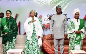 From left, Wife of the Vice President, Hajia Nana Shettima; the First Lady, Federal Republic of Nigeria and National  Chairman, Renewed Hope Initiative (RHI), Senator Oluremi Tinubu; Oyo State Governor, Seyi Makinde; and his wife, Tamunominini, during the RHI Social Investment Programme (Food Outreach Scheme) donation of food items to vulnerable groups in Oyo State, held at the Local Government House, Secretariat, Ibadan. PHOTO: Oyo Gov’s Media Unit