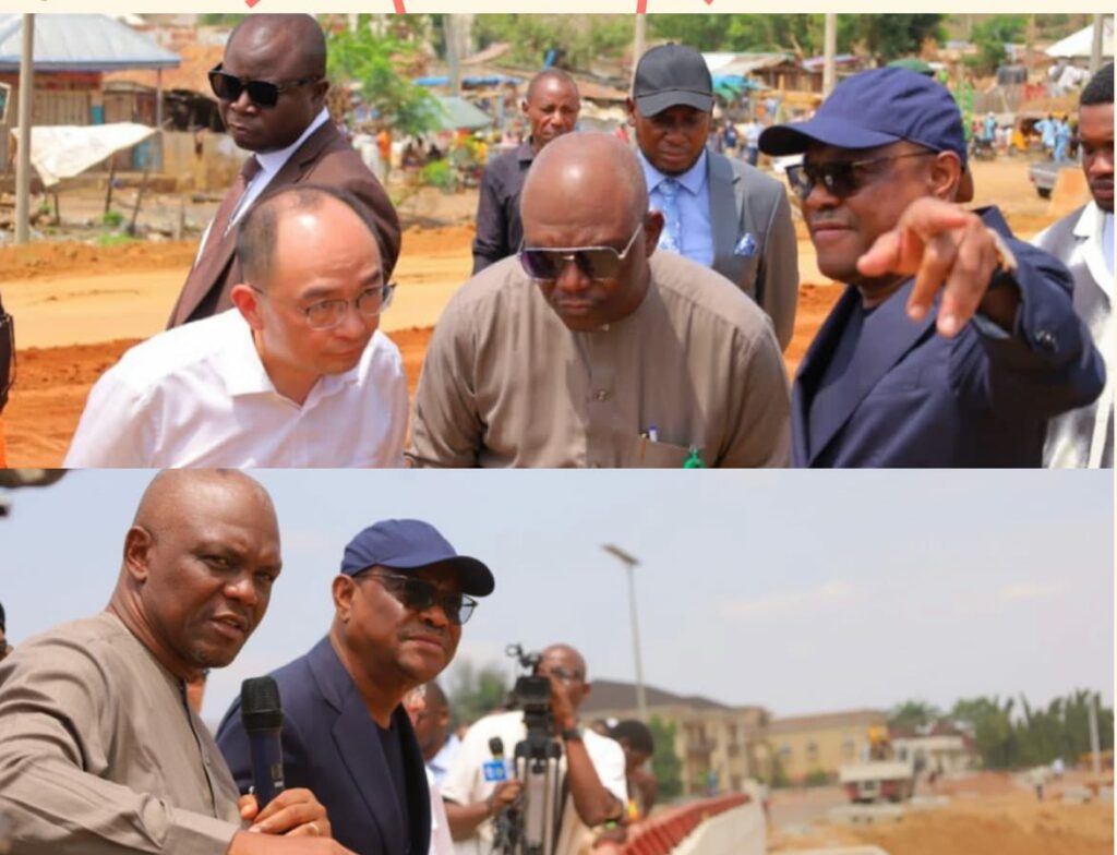 Top (L-R) MD, CGC, Zhong Xiang, ES, FCDA, Richard Yunana Dauda, FCT Minister, Nyesom Wike during the inspection of the access road from RR1 to Katampe district on Wednesday. Bottom: (L-R) ES FCDA, Richard Yunana Dauda and FCT Minister, Nyesom Wike during the inspection of the ongoing construction of the bridge linking Maitama and Katampe districts on Wednesday