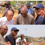 Top (L-R) MD, CGC, Zhong Xiang, ES, FCDA, Richard Yunana Dauda, FCT Minister, Nyesom Wike during the inspection of the access road from RR1 to Katampe district on Wednesday. Bottom: (L-R) ES FCDA, Richard Yunana Dauda and FCT Minister, Nyesom Wike during the inspection of the ongoing construction of the bridge linking Maitama and Katampe districts on Wednesday