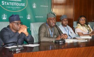 From left: Special Adviser to the President on Media and Strategy, Mr Bayo Onanuga; Programme Director, Presidential CNG Initiative, Mr Michael Oluwagbemi and the Coordinator, Regulatory and Compliance, Mr Zayyanu Yabo briefing State House Correspondents on the progress made by the Presidential Initiative on Compressed Natural Gas at the Presidential Villa in Abuja on Monday