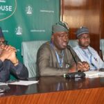 L-R, Special Adviser to President on Information and Strategy, Mr. Bayo Onanuga; Programme Director of Presidential CNG Initiative, Michael Oluwagbemi; Coordinator, Regulatory Compliance and Facilitation, Zayyanu Tambari Yabo, and Sovereign and Subnational Coordinator, Tari Mayor-Bright during the Meet with Press Programme at the Presidential Villa Abuja, on Monday