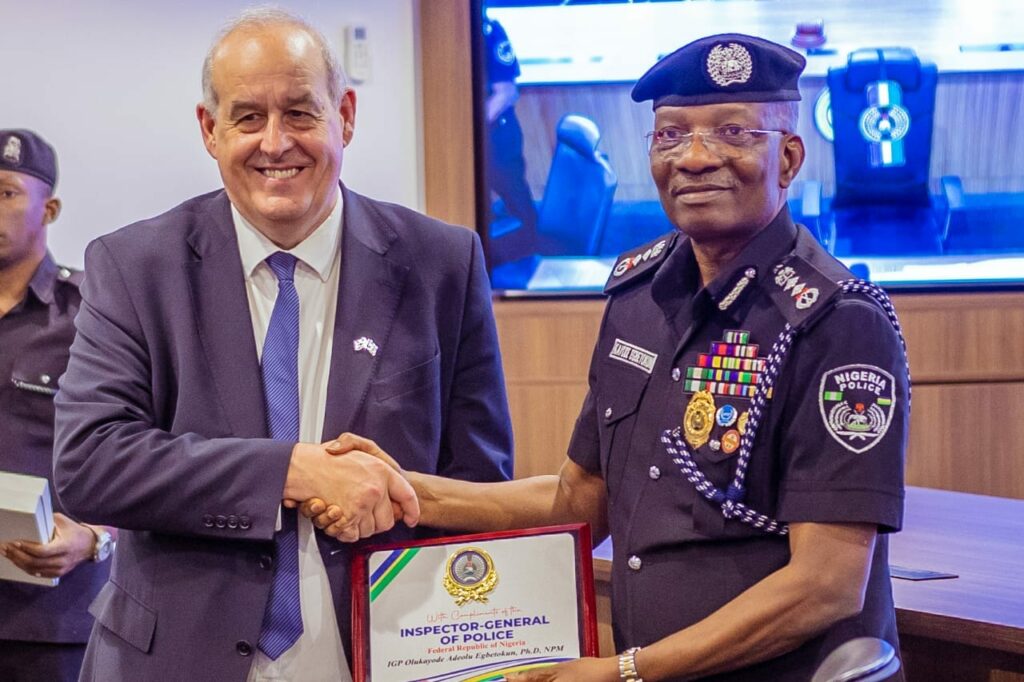 Inspector General of Police Kayode Egbetokun meets with Lord David Hanson, UK Minister of State for Home Affairs, at the Nigeria Police Force Headquarters, Louis Edet House, Abuja, on Tuesday, April 29, 2025
