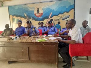The Edo State Commissioner of Police, CP Monday Agbonika addressing Journalists during his short visit to them in Benin City
