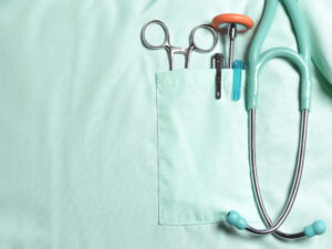 Doctors pockets with medical instruments.