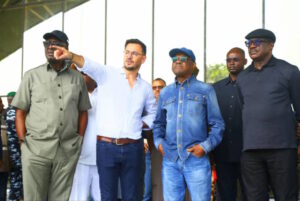 (R-L): Mao Ohuabunwa, FCT Minister Nyesom Wike, Regional Manager of Julius Berger Nigeria PLC, Oliver Berger, Executive Secretary, FCDA, Richard Dauda and Chibudom Nwuche, during the Minister’s inspection of ongoing renovation of the International Conference Centre Abuja on Saturday, May 17, 2025