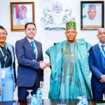 Vice President Kashim Shettima (m); Head of Islamic Development Bank Group Regional Hub, Abuja (IsDB RHA), Hammad Hundal (2nd from left); Country Economist, IsDB RHA, Obioma Asuzu (far left); and Advisor to the Head, IsDB RHA, Mohammad Salat (far right) during a courtesy visit to the Vice President at the Presidential Villa on Tuesday (13/05/2025)