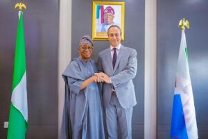 Nigeria’s Minister of Marine and Blue Economy Adegboyega Oyetola (L), French Ambassador to Nigeria Marc Fonbaustier (R)