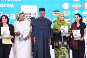 UNICEF Country Representative in Nigeria, Cristian Munduate, Minister of Women Affairs, Imaan Sulieman-Ibrahim, Vice President Kashim Shettima, Wife of Deputy Senate President, Laila Barau and United Nations Special Representative of the Secretary General on Violence Against Children, Najat M’jid at first regional meeting of the Africa Pathfinder Countries of the Global Alliance on Ending Violence Against Children at the Presidential Villa, Abuja
