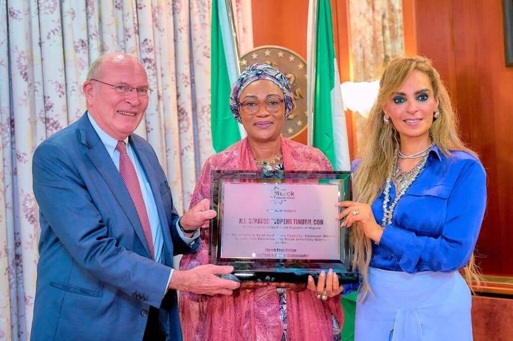 The Chairman of Merck Foundation, Frank Stangenberg-Haverkamp, First Lady of Nigeria Oluremi Tinubu (middle), and CEO of Merck Foundation Rasha Kelej, during a courtesy visit of the management team of Merck Foundation to the First Lady at the State House, Abuja on Wednesday, May 21, 2025