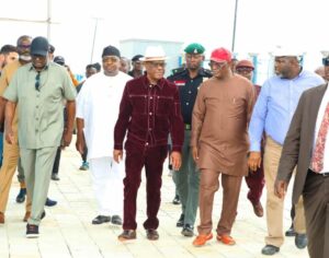 (L-R) Chibudom Nwuche, Philip Aduda, FCT Minister,  Nyesom Wike,  Marcus Nleejii and CEO of Planet Projects, Abiodun Otunola, during the FCT Minister’s inspection of the Mabushi and Kugbo Bus Terminals, on Tuesday, May 13, 2025