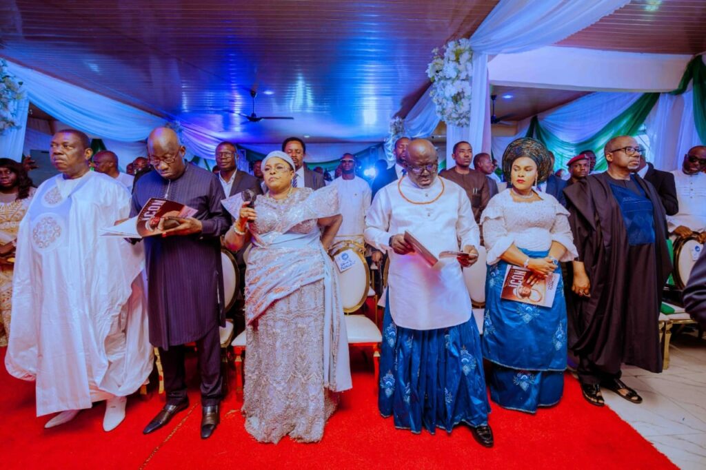 From Left: Secretary to the Government of the Federation, Senator George Akume who represented President Ahmed Bola Tinubu, former President Goodluck Jonathan and his wife, Patience, Delta State Governor, Rt. Hon Sheriff Oborevwori and his wife, Tobore and Governor of Bauchi State, Senator Bala Muhammad at the funeral service of Pa Edwin Clark at St. Paul’s Anglican Church, Kiagbodo, Burutu Local Government on Tuesday, May 13, 2025. (Photo credit: Samuel Jibunor)