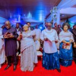 From Left: Secretary to the Government of the Federation, Senator George Akume who represented President Ahmed Bola Tinubu, former President Goodluck Jonathan and his wife, Patience, Delta State Governor, Rt. Hon Sheriff Oborevwori and his wife, Tobore and Governor of Bauchi State, Senator Bala Muhammad at the funeral service of Pa Edwin Clark at St. Paul’s Anglican Church, Kiagbodo, Burutu Local Government on Tuesday, May 13, 2025. (Photo credit: Samuel Jibunor)