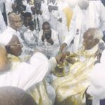 Baba Aladura Pro. Alogbo (left), handing paraphernalia of office to Special Apostle Pro. Fabiyi