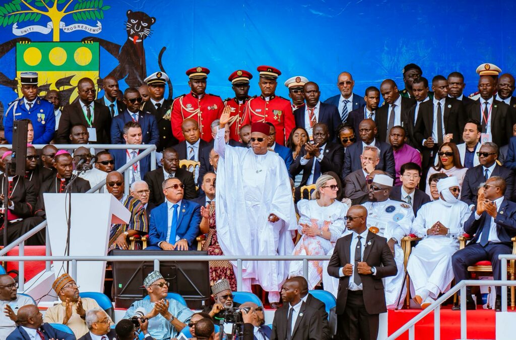 Nigeria’s Vice President Kashim Shettima waves to crowd at the inauguration of Gabon President Clotaire Oligui Nguema in Libreville on Saturday, May 3, 2025