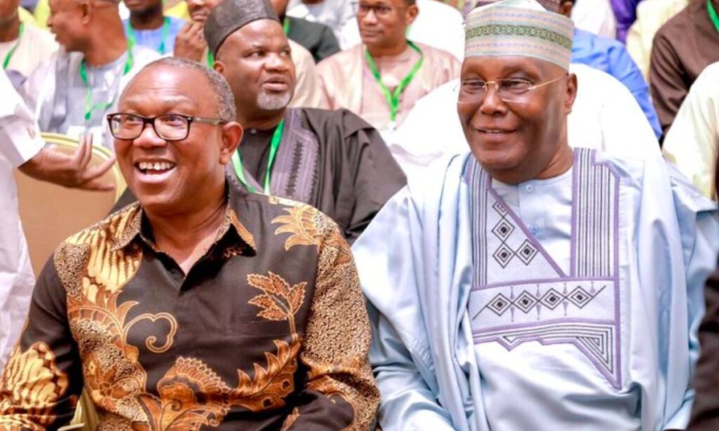 Labour Party 2023 presidential candidate, Peter Obi (left) and Peoples Democratic Party (PDP) former vive president, Atiku Abubakar, during a meeting with Northern Political Consultative Group in Abuja, yesterday.  Photo: Mudashiru Atanda 