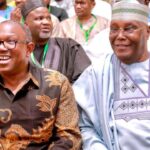 Labour Party 2023 presidential candidate, Peter Obi (left) and Peoples Democratic Party (PDP) former vive president, Atiku Abubakar, during a meeting with Northern Political Consultative Group in Abuja, yesterday.  Photo: Mudashiru Atanda 