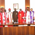 Secretary General Charismatic Bishops Conference of Nigeria (CBCN), Chivir Chianson; Special Adviser to the President on Public Communications and Media, Mr Daniel Bwala, and national deputy president (North) CBCN, Archbishop James Frances (middle), with others during a CBCN delegation visit on the Mr Daniel Bwala, at the Presidential Villa Abuja