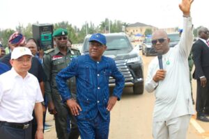 (L-R) Managing Director, CGC, Zhong Xiang, FCT Minister Nyesom Wike, Executive Secretary FCDA, Richard Dauda during the Minister’s inspection of the arterial road N16 in Gishiri on Tuesday, May 27, 2025