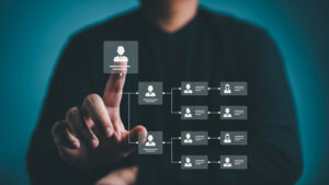 Organization chart, company leveling map, or organigram displayed with icons on a blue background. Business structure tree diagram showing human resources career path and employees’ hierarchy table.
