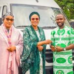 L-R , Wife of the Vice President of Nigeria and National Vice Chairmen of Renewed Hope Initiative, Nana Shettima, First Lady of Nigeria and National Chairman of Renewed Hope Initiative, Oluremi Tinubu, and National Chairman of YOWICAN Michael Belosochukwu and at the presentation of 7 Hybrid 14-seater busues to the group by the RHI at the State House, Abuja on Thursday 29th May, 2025