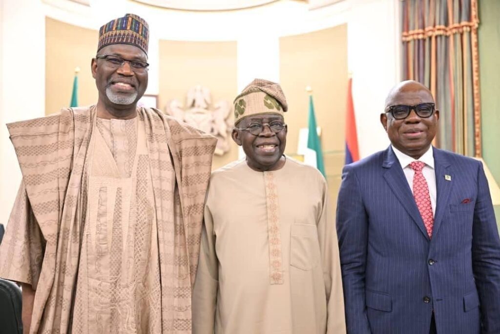 From left: Chairman of the NNPC board, Ahmadu Musa Kida; President Bola Ahmed Tinubu and Group Chief Executive Officer (GCEO) of NNPC Ltd, Mr. Bashir Bayo Ojulari, after the inauguration of the NNPC Board at the Presidential Villa, Abuja on Thursday, May 22, 2025