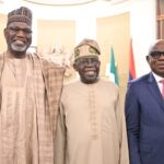 From left: Chairman of the NNPC board, Ahmadu Musa Kida; President Bola Ahmed Tinubu and Group Chief Executive Officer (GCEO) of NNPC Ltd, Mr. Bashir Bayo Ojulari, after the inauguration of the NNPC Board at the Presidential Villa, Abuja on Thursday, May 22, 2025