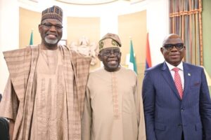 From left: Chairman of the NNPC board, Ahmadu Musa Kida; President Bola Ahmed Tinubu and Group Chief Executive Officer (GCEO) of NNPC Ltd, Mr. Bashir Bayo Ojulari, after the inauguration of the NNPC Board at the Presidential Villa, Abuja on Thursday, May 22, 2025