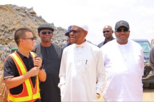 From L-R: CGC project manager, Yang Hong, ES, FCDA Richard Dauda, FCT Minister Nyesom Wike and Philip Aduda during the Minister’s inspection of the ongoing OSEX II – Wasa road project on Saturday, May 10, 2025