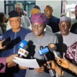 Governor Babajide Sanwo-Olu of Lagos State (middle), flanked by his counterparts from Anambra, Chukwuma Soludo, Akwa Ibom, Umo Eno (left), Jigawa, Umar Namadi, and Osun, Ademola Adeleke (right), reading out the communique at the end of the meeting
