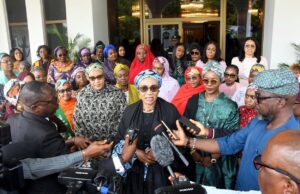 First Lady Oluremi Tinubu surrounded by the wife of the Vice President, Nana Shettima; Chairperson of Nigeria Governors’ Spouses’ Forum (NGSF) and First Lady of Kwara State, Olufolake AbdulRazaq, and others, while briefing State House Correspondents, during the Renewed Hope initiative (RHI), 2nd Quarter High Level Meeting with State First Ladies/RHI Coordinators, held at the Presidential Villa Abuja Monday, June 23, 2025