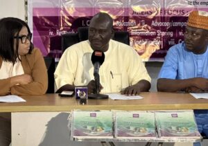 L-R: Lydia Odey, former lead of the USAID SCALE project, Transition Monitoring Group (TMG)  Chairman, Auwal Musa Rafsanjani and  Tijjani Abdulkareem at the presentation of the report: “Telescoping Nigeria’s Elections: 2023 Election Cycle in Perspective”