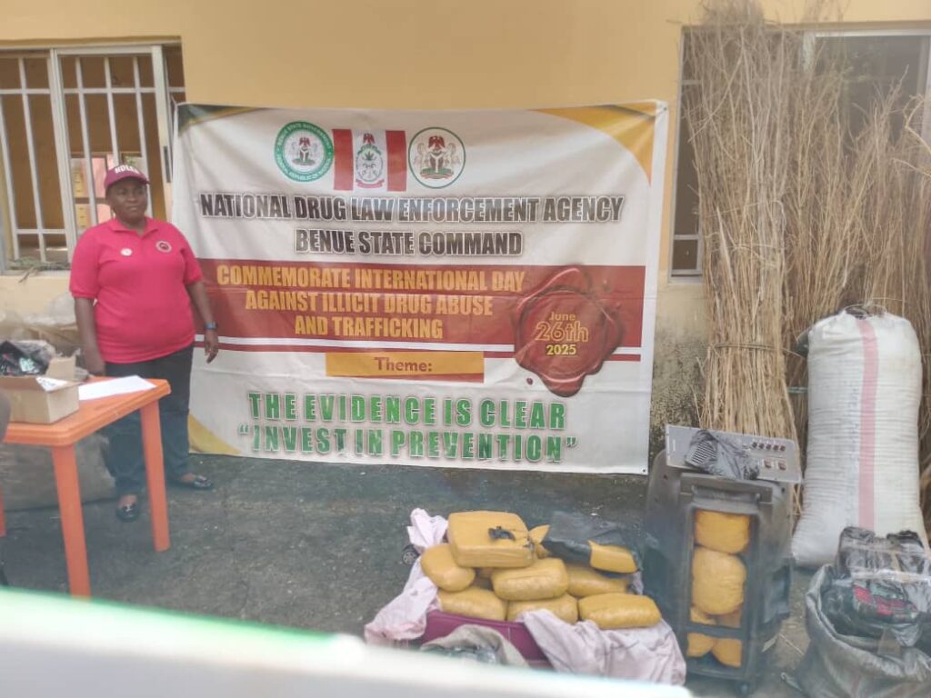 The Benue State Commander of the NDLEA, Esther Musa, displaying the seized drugs at the command’s premises in Makurdi