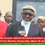 NBM lead legal counsel Chief Reginald Asiuwhu addressing reporters at the court after the first hearing of the matter at the Federal High Court premises in Benin, Edo State