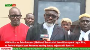 NBM lead legal counsel Chief Reginald Asiuwhu addressing reporters at the court after the first hearing of the matter at the Federal High Court premises in Benin, Edo State