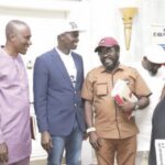 Nwifuru with some labour leaders when they paid him visit in his office