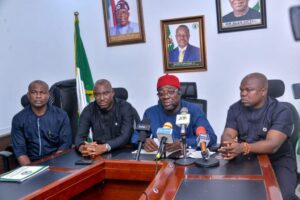 L-R: Special Adviser (Media &Publicity), Mr. Ferdinand Ekeoma, Commissioner for Power and Public Utilities, Engr. Ikechukwu Monday, Commissioner for Information, Prince Okay Kanu and Chief Press Secretary to the Governor, Citizen Ukoha Njoku Ukoha, during a press briefing, Monday, June 16, 2025